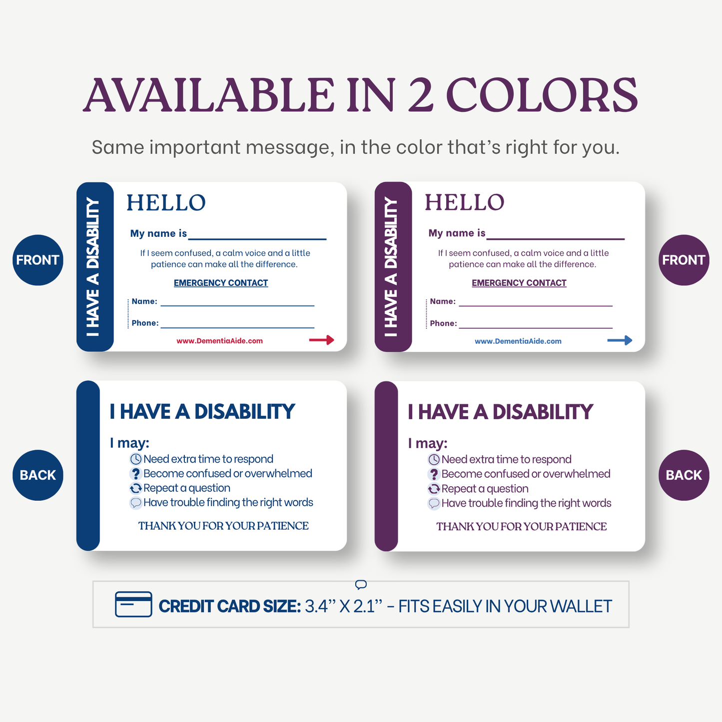 Credit card-sized ID cards with 'I have a disability' message on a white background with space to write emergency contact.