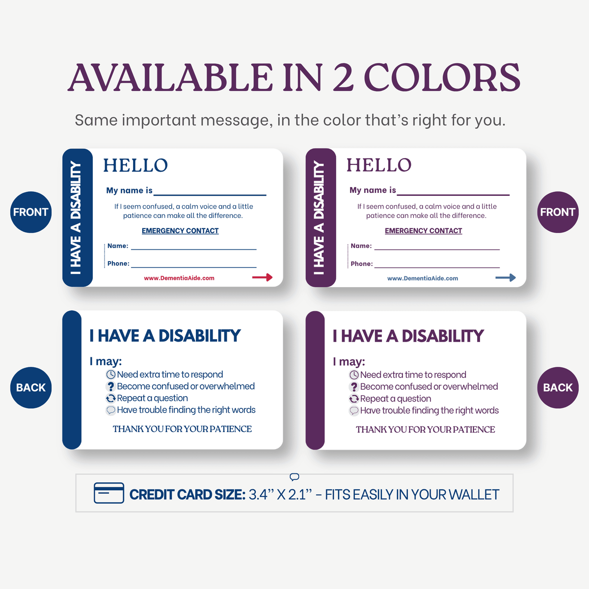 Credit card-sized ID cards with 'I have a disability' message on a white background with space to write emergency contact.