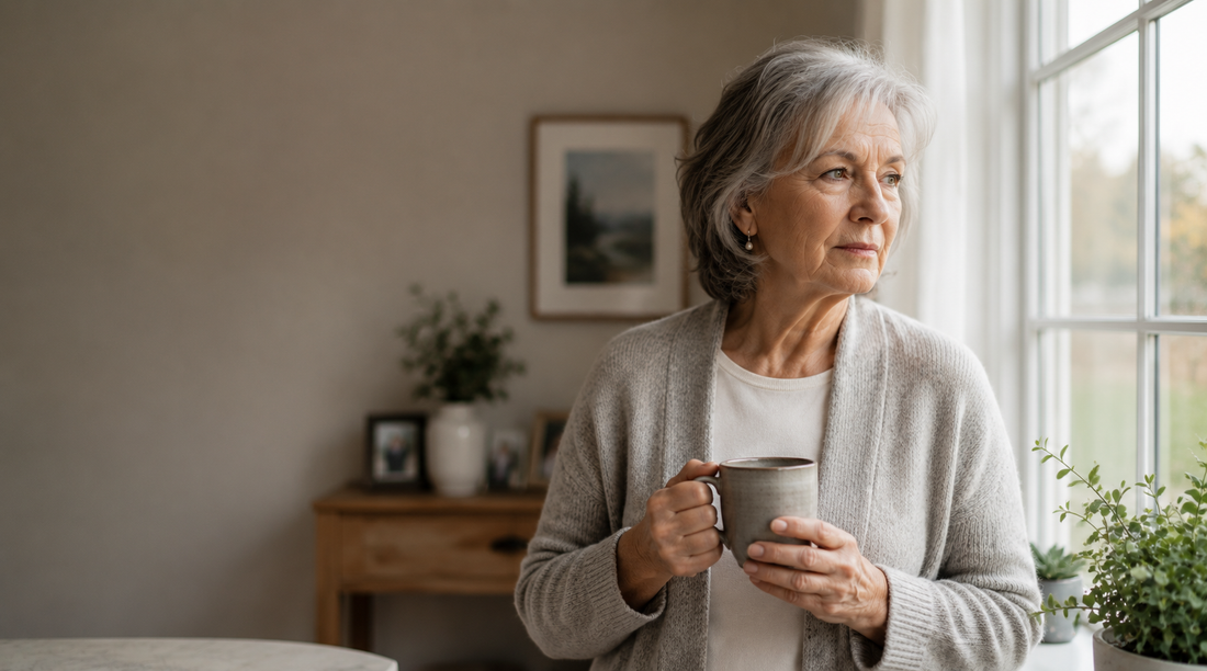 Older woman standing by a window holding a coffee mug, illustrating how anxiety can sometimes be an early symptom of dementia.