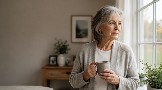 Older woman standing by a window holding a coffee mug, illustrating how anxiety can sometimes be an early symptom of dementia.