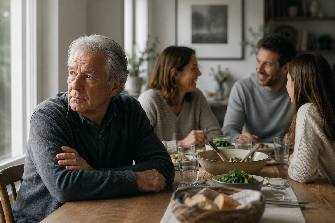 Older adult appearing withdrawn during a family meal, representing the overlap between depression, apathy, and early dementia symptoms.