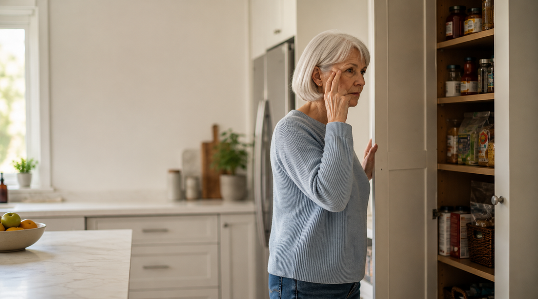 Older adult pausing at an open pantry, representing early signs of dementia and memory changes.