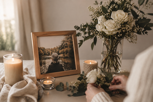 A person arranging white roses beside a framed photo of a loved one, surrounded by flowers and softly glowing candles in a warm, peaceful setting.