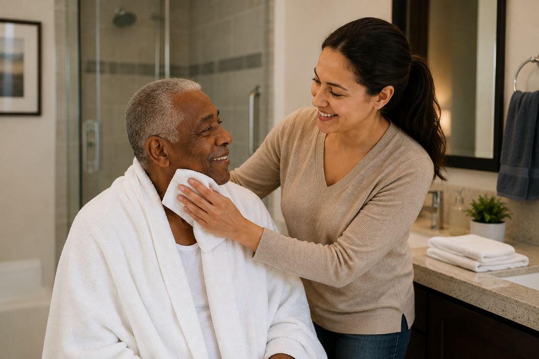 Caregiver helping an older adult with dementia with personal hygiene in a bathroom.