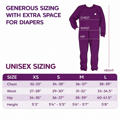 Purple dementia onesie with measurements and sizing chart on a white background