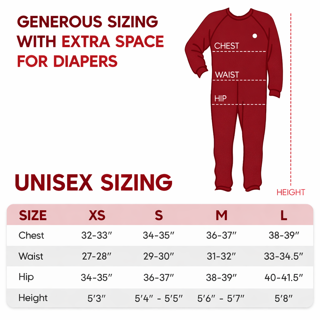 Red dementia onesie with measurements and sizing chart on a white background