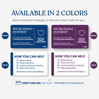 Two credit card-sized disability communication cards with text and a heart symbol, one blue and one purple, on a white background.