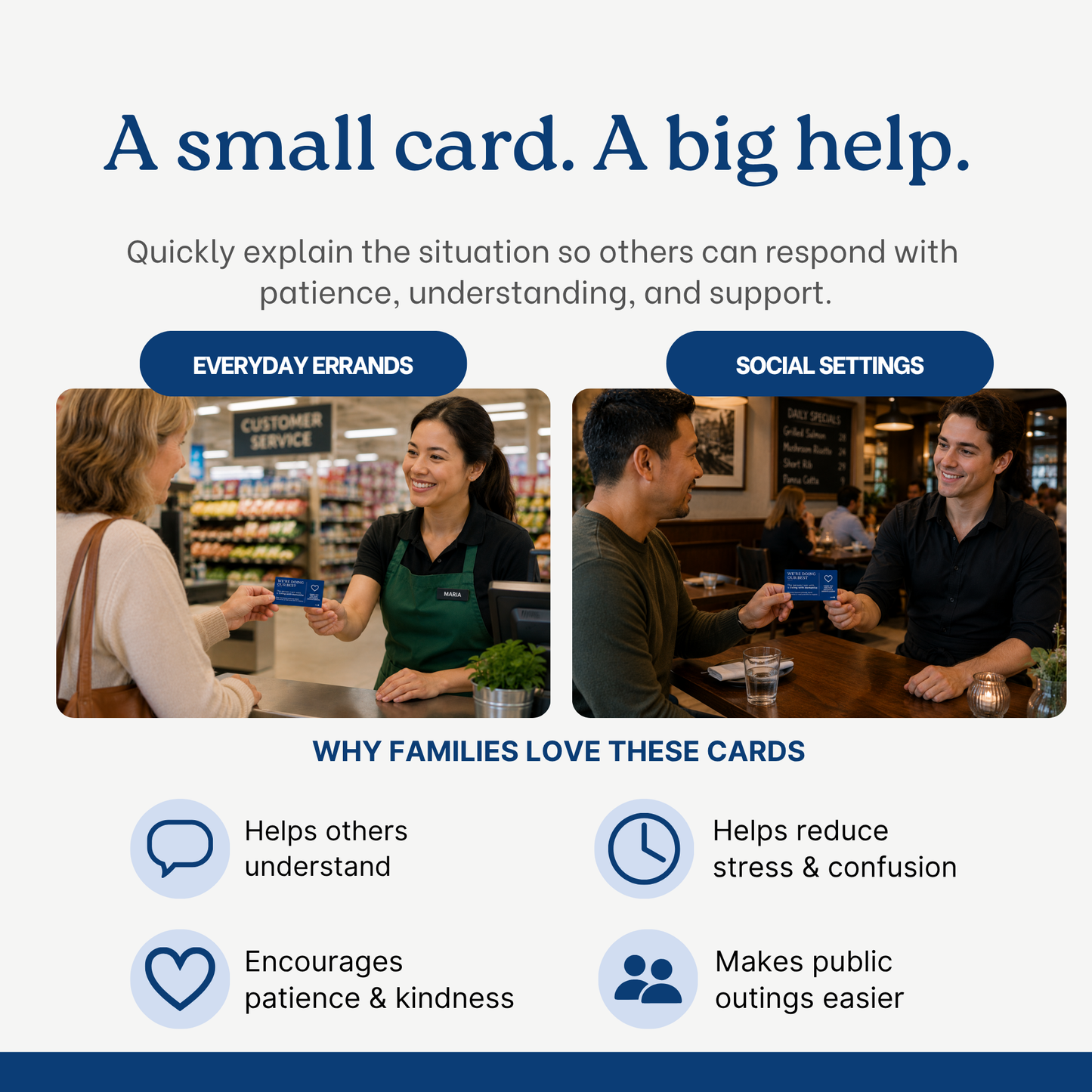 Advertisement for a communication card product with scenarios of use and benefits listed.