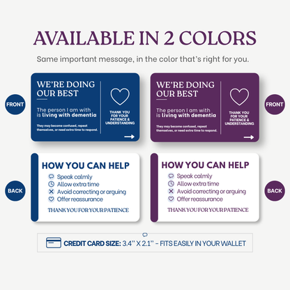 Two credit card-sized caregiver communication cards with text and a heart symbol, one blue and one purple, on a white background.