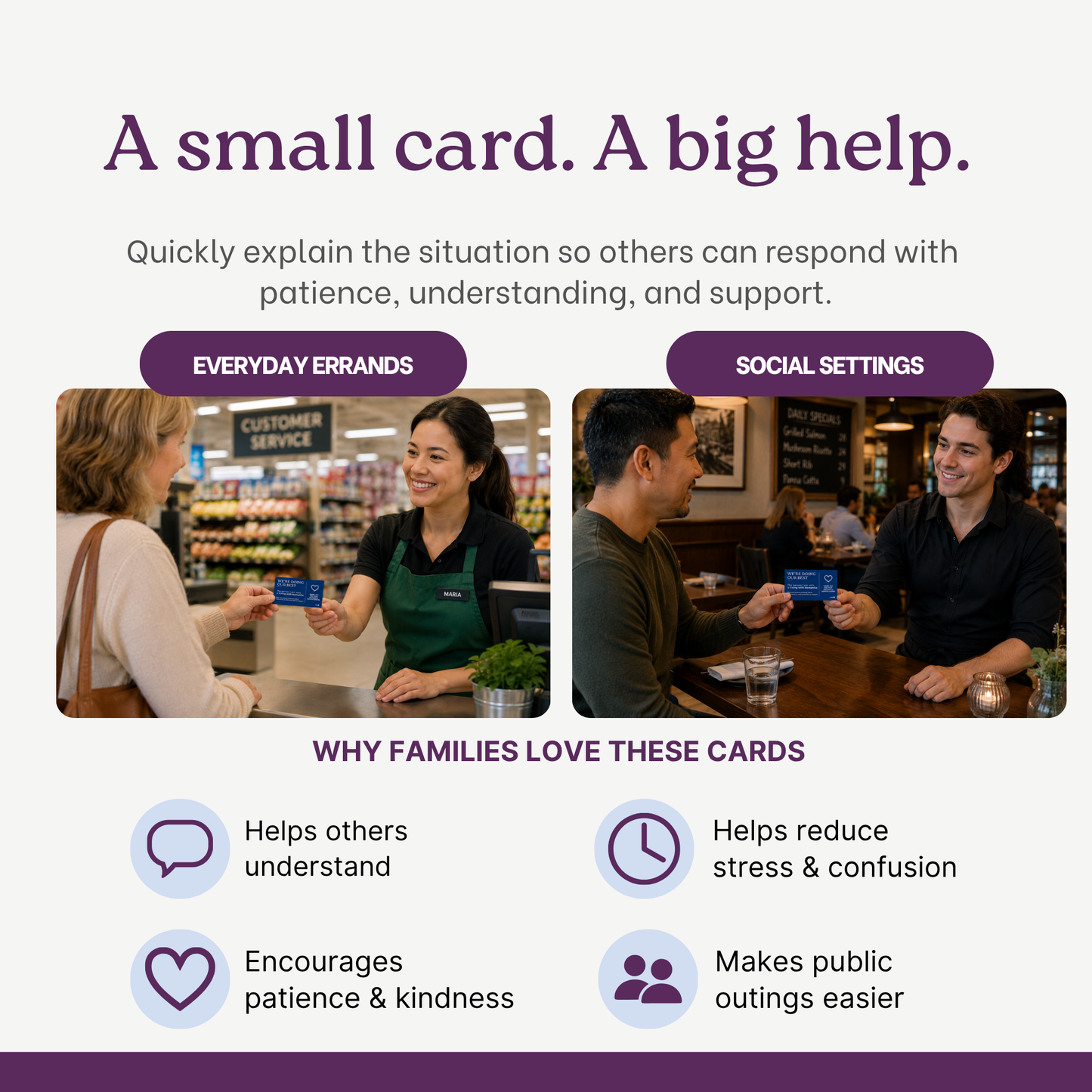 Advertisement about a communication card for helping others with everyday errands and social settings, showing a woman giving a card to a customer service representative and a man handing a card to another man.