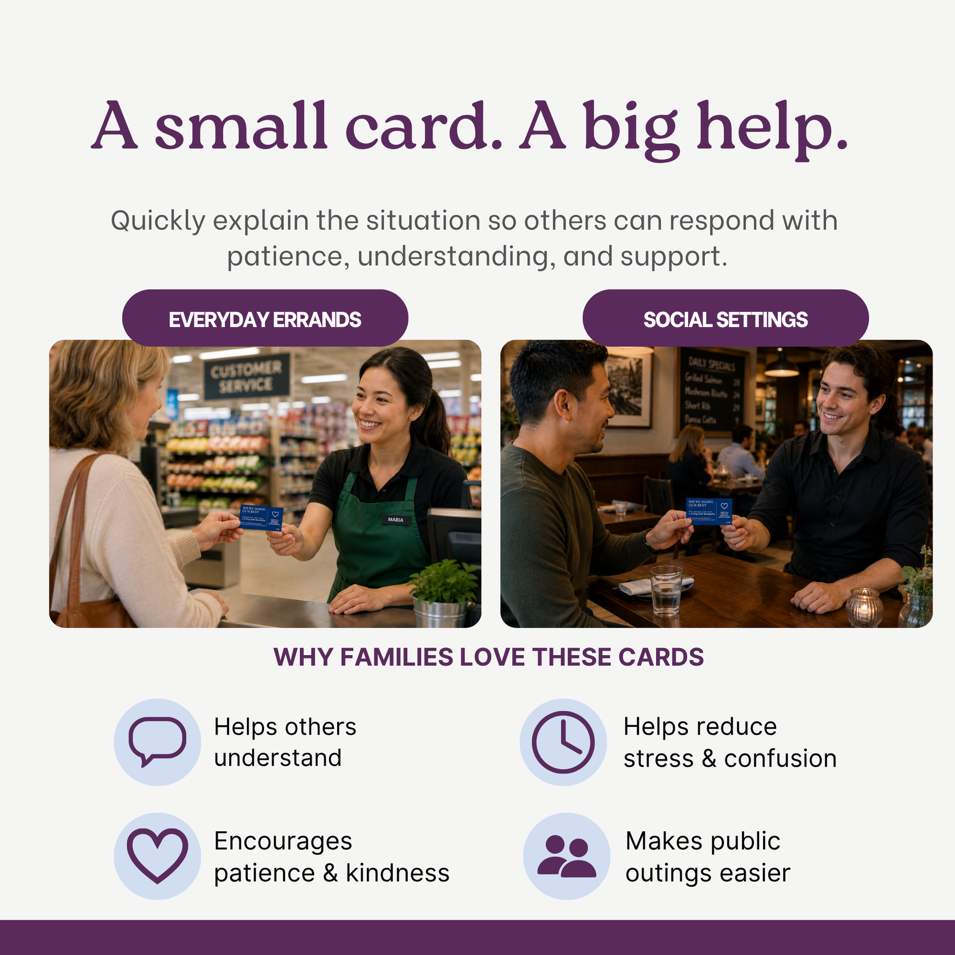 Advertisement about a communication card for helping others with everyday errands and social settings, showing a woman giving a card to a customer service representative and a man handing a card to another man.