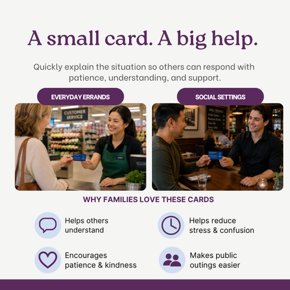 Advertisement about a communication card for helping others with everyday errands and social settings, showing a woman giving a card to a customer service representative and a man handing a card to another man.