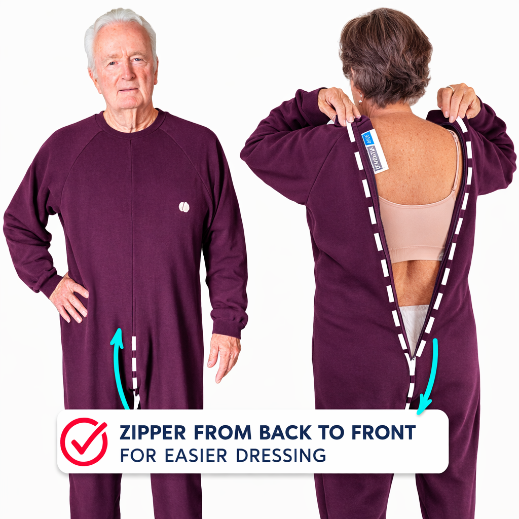 Purple dementia clothing with zipper from back to front for easier dressing, shown on a person.