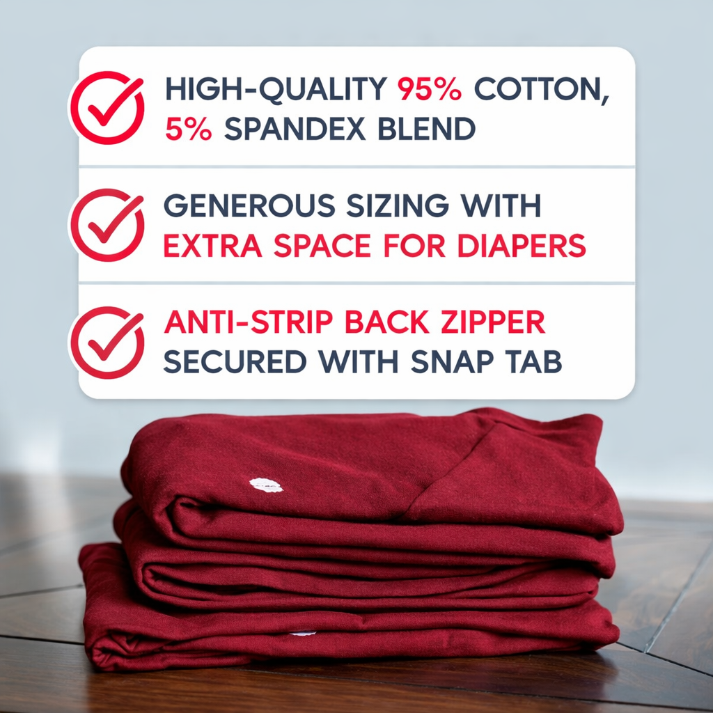 Stack of burgundy dementia jumpsuit with product features listed on a gray background