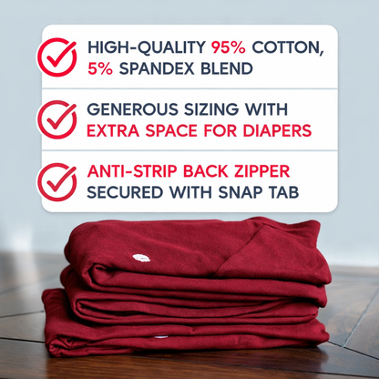 Stack of burgundy dementia jumpsuit with product features listed on a gray background