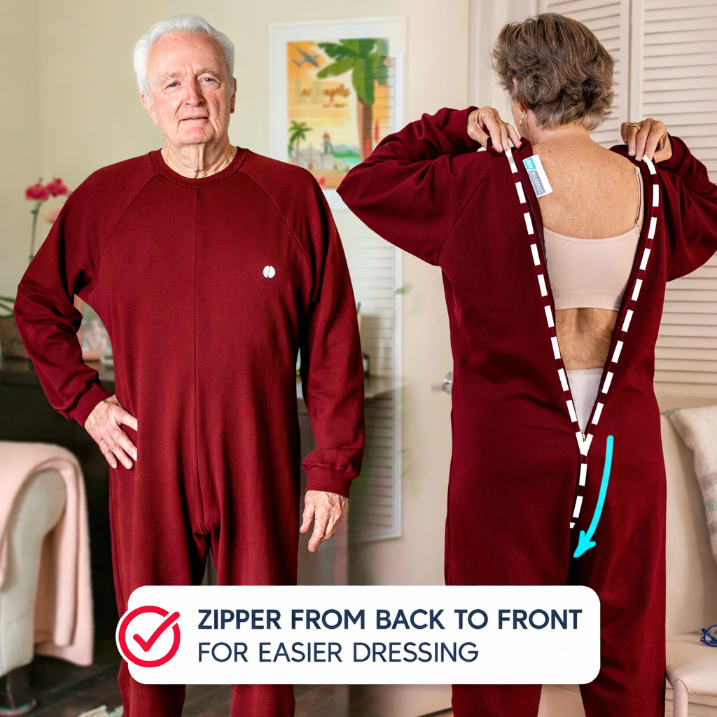 Man and woman wearing dementia clothing with zipper from back to front, shown from the front and back.