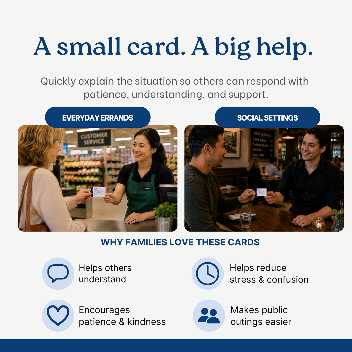 Advertisement for a communication card product with scenarios of use and benefits listed.