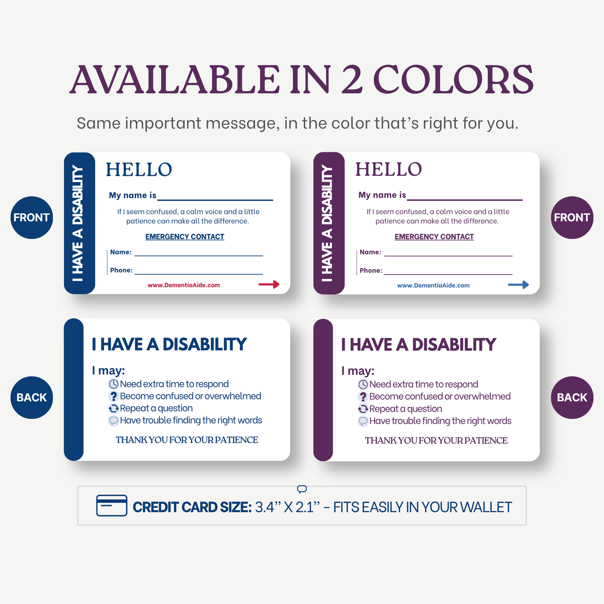 Credit card-sized ID cards with 'I have a disability' message on a white background with space to write emergency contact.