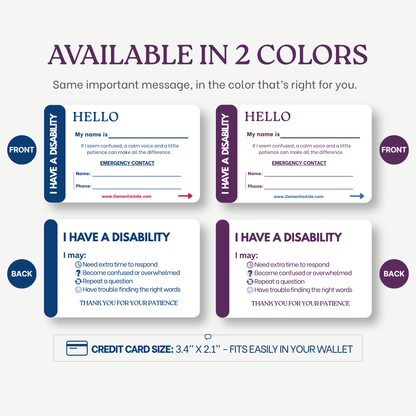 Credit card-sized ID cards with 'I have a disability' message on a white background with space to write emergency contact.