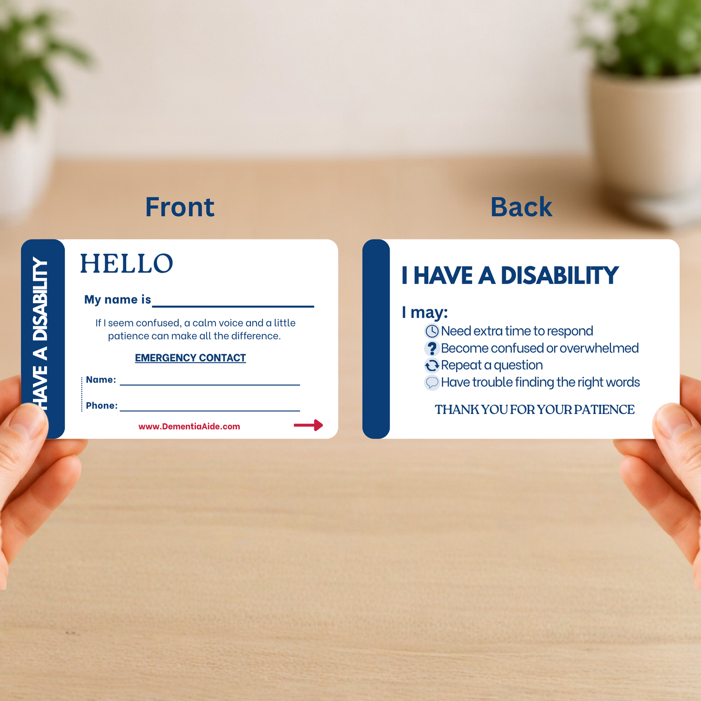 Two cards labeled 'Front' and 'Back' held by hands, with one card displaying a disability awareness message.