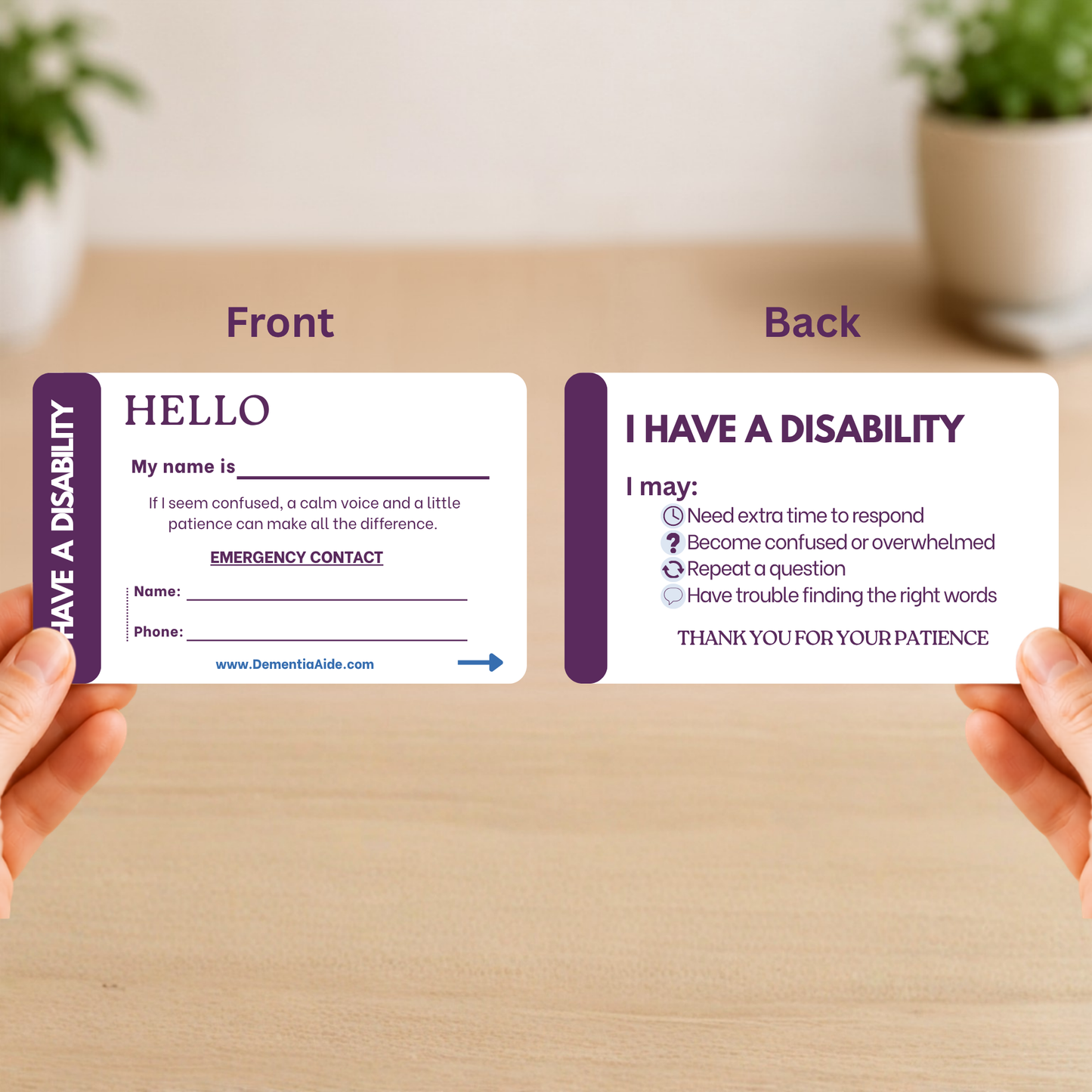 Two cards labeled 'Front' and 'Back' held by hands, with text about disability awareness on a wooden surface.