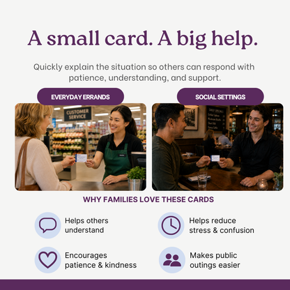 Advertisement for a disability communication card that helps with everyday errands and social settings, showing people using it in various scenarios.